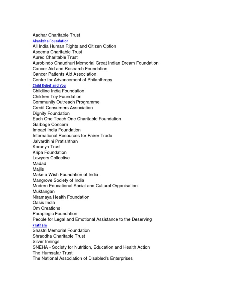 List of Charitable Trusts in India | PDF | Welfare | Non Governmental ...