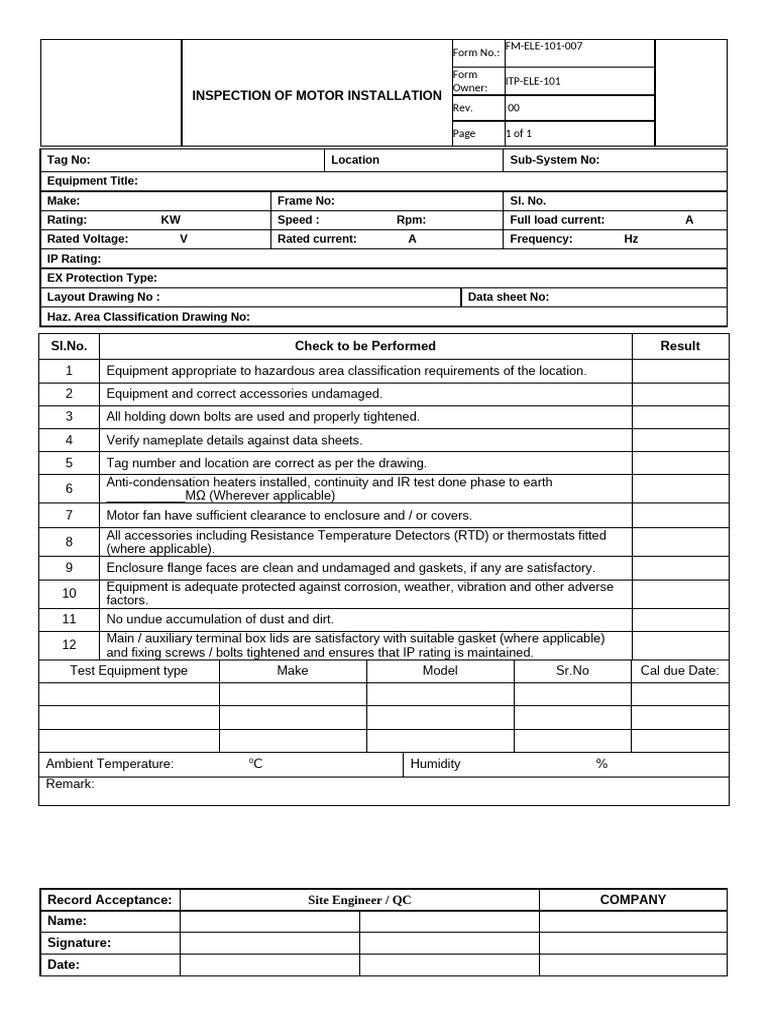 Motor Installation Inspection Checklist | PDF | Manufactured Goods ...