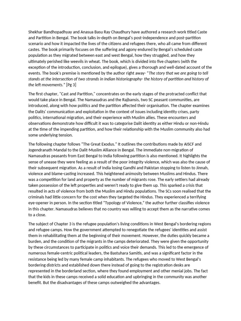Caste and Partition in Bengal Analysis | PDF | Partition Of India