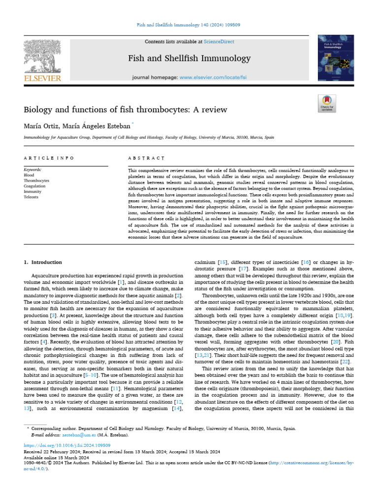 Fish Thrombocytes: Immunity & Coagulation Review | PDF | Coagulation ...