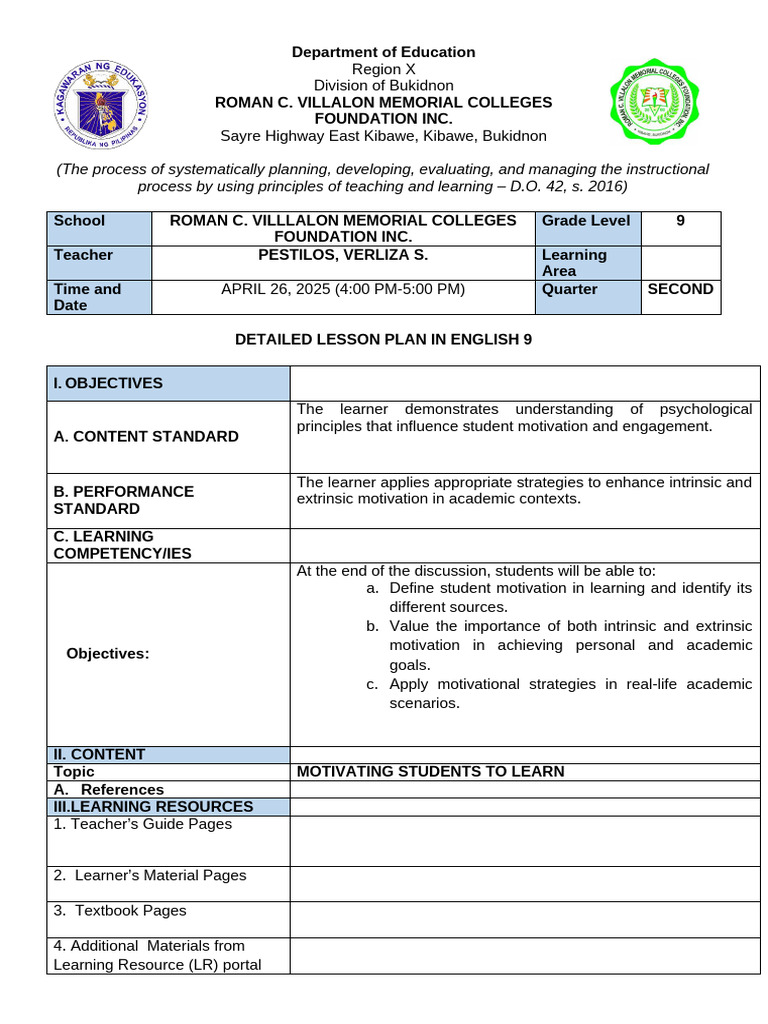 Motivating Students in English 9 Lesson Plan | PDF | Motivational ...