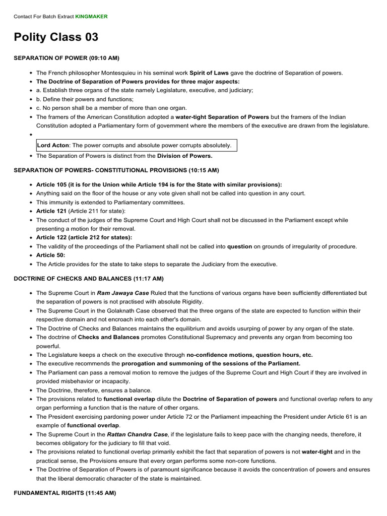Polity Class 03 - 30 - 10 - 24 | PDF | Separation Of Powers | Political Law