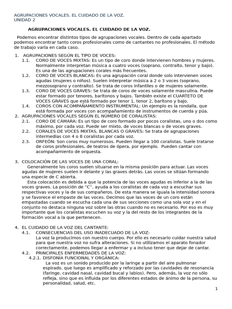 Tipos de Agrupaciones Vocales y Cuidado de la Voz | PDF | Coro | Alimentos