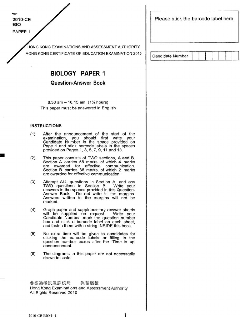 2010 Bio Paper 1 | PDF