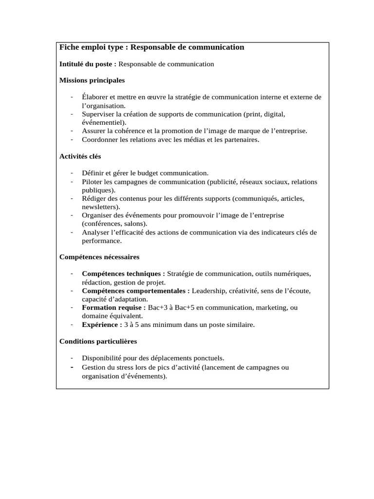 Fiche de poste : Responsable communication | PDF | Promotion (marketing ...