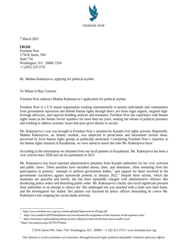 Freedom Now Reference Letter - Madina Kuketayeva | PDF | Kazakhstan ...