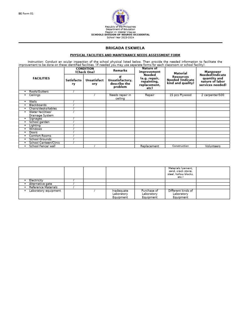 Brigada Eskwela Facilities Assessment Form | PDF | Building Engineering ...