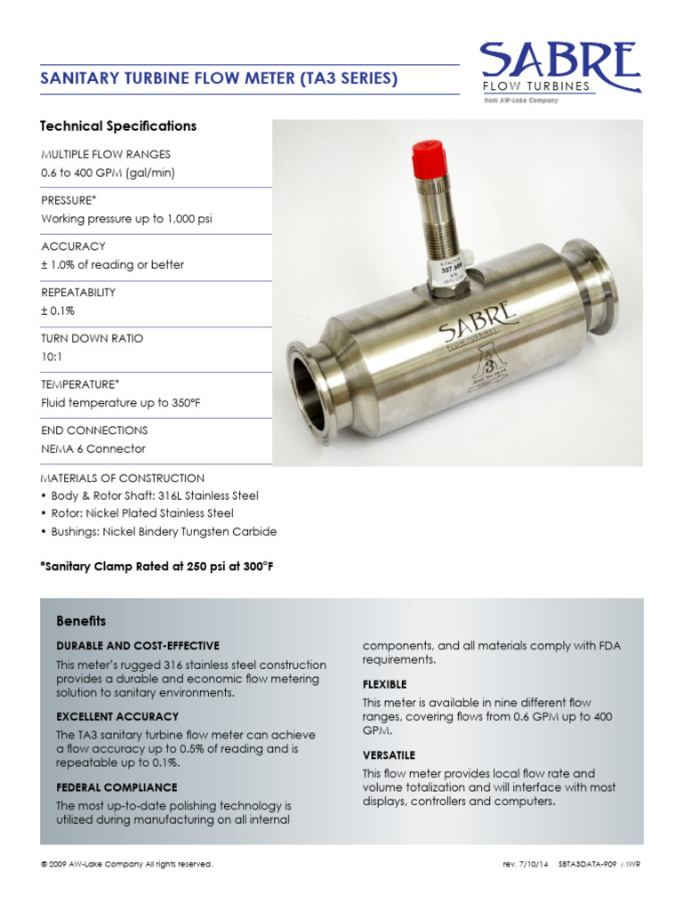 Sabre Sanitary Data Sheet | PDF | Flow Measurement | Turbine