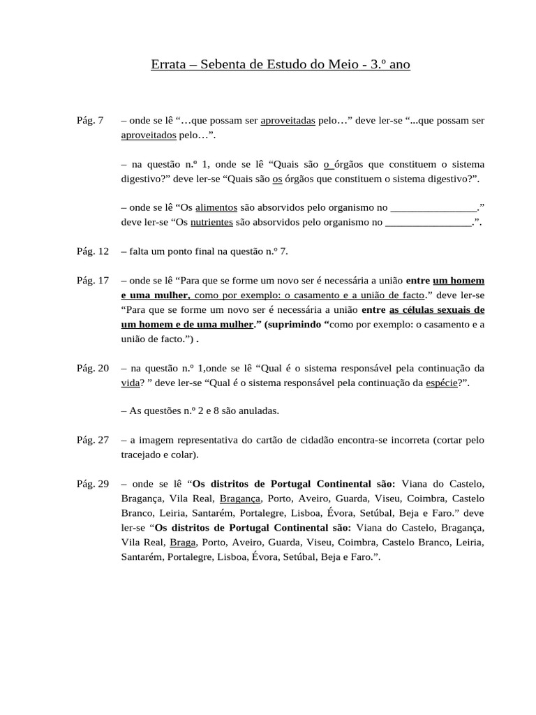 Errata Sebenta Estudo do Meio 3.º Ano | PDF