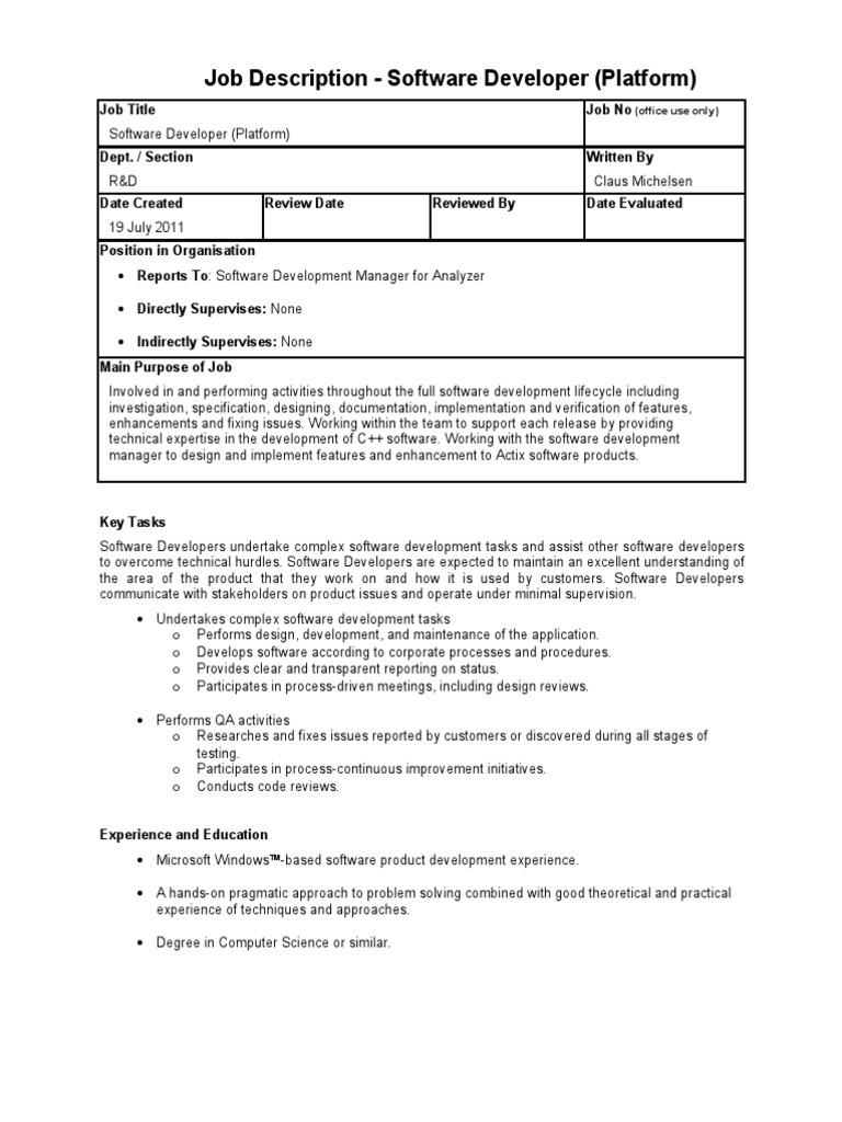 Software Developer Job Description | PDF | Software Development ...
