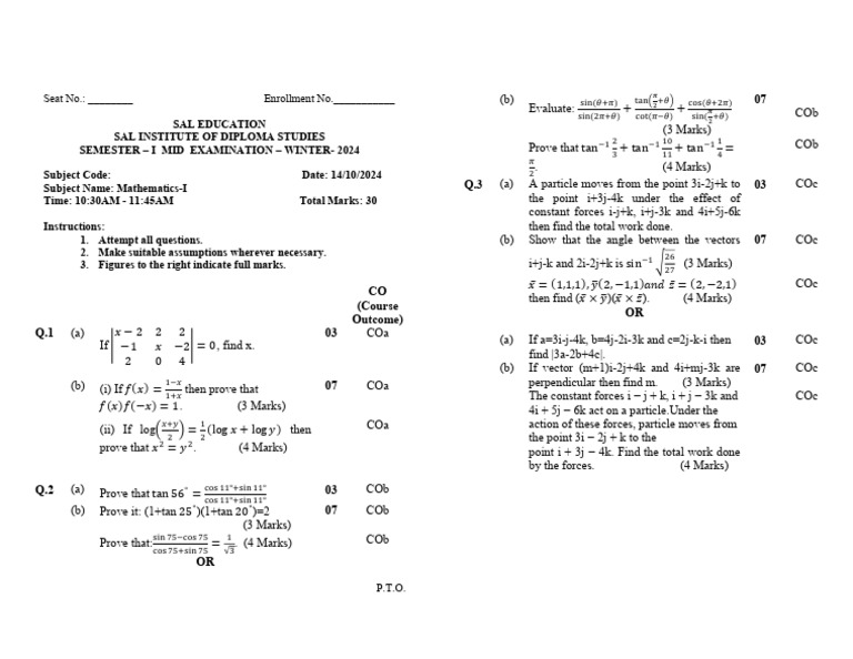 Diploma 1st Sem Maths Mid Exam 2024 | PDF | Physics | Mechanics