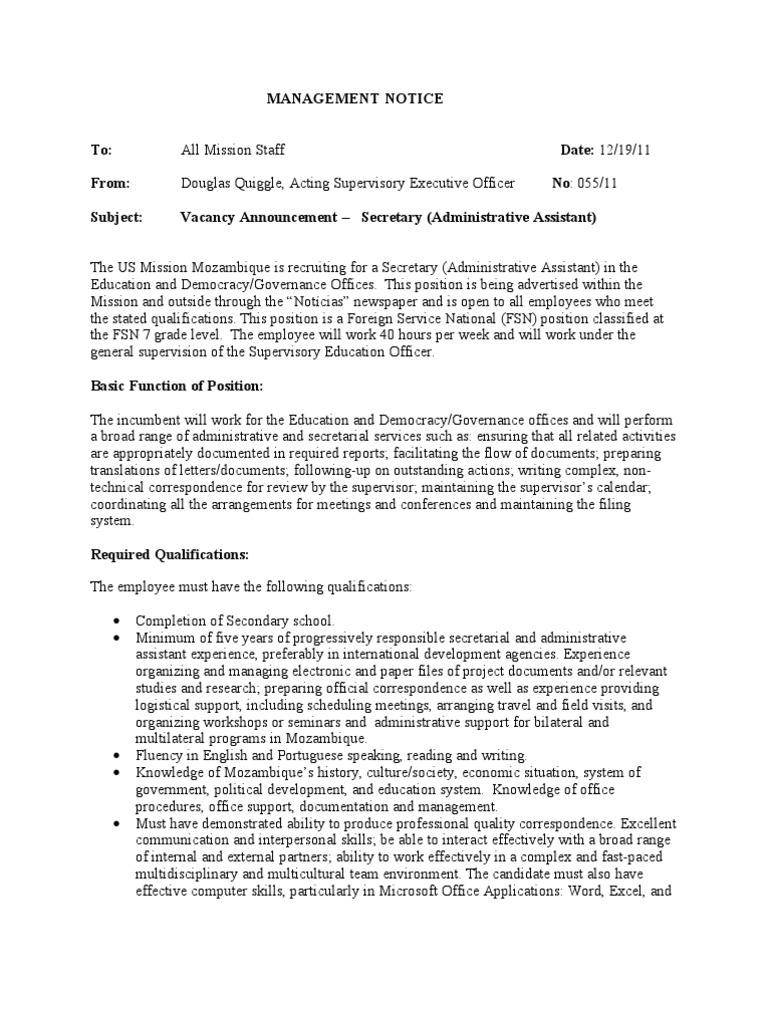 Secretary Position Vacancy in Mozambique | PDF | Secretary | Employment