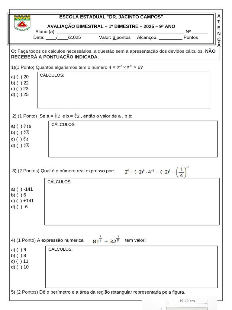 Prova de Matemática - 9º Ano | PDF