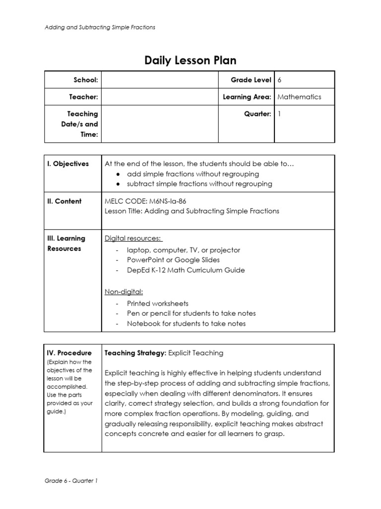 Adding & Subtracting Simple Fractions | PDF | Lesson Plan | Mathematics