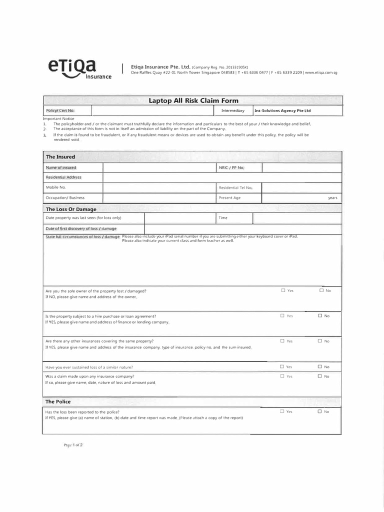 Etiqa Laptop All Risk Claim Form | PDF | Insurance | Business