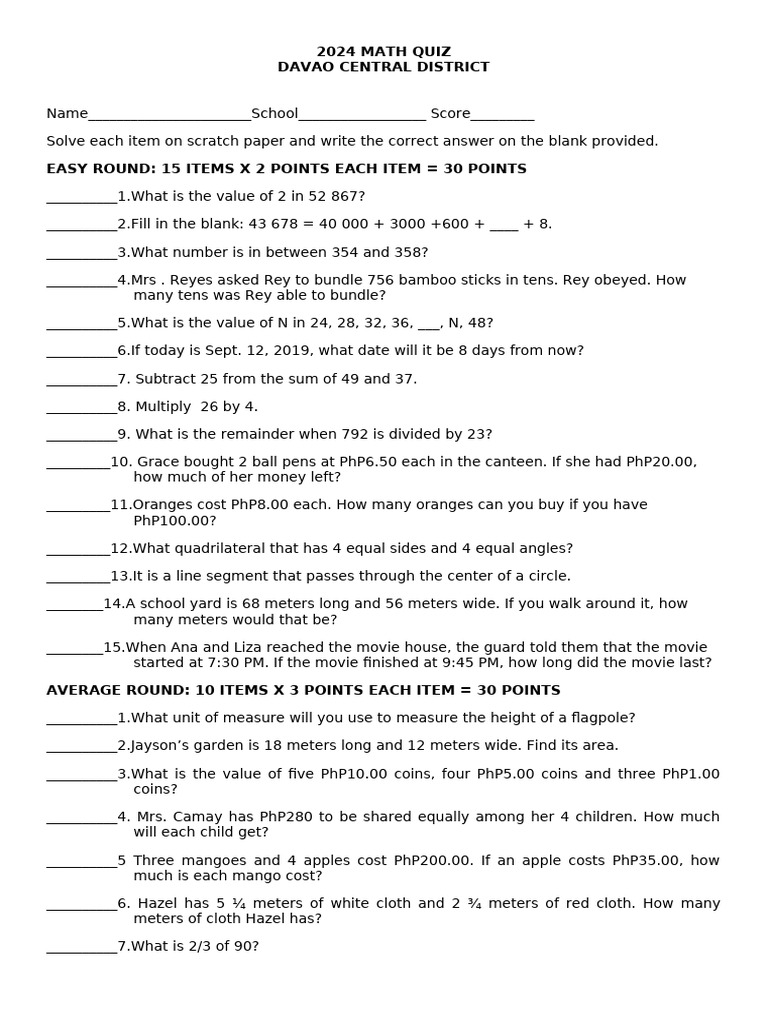 2024 Math Quiz Reviewer | PDF