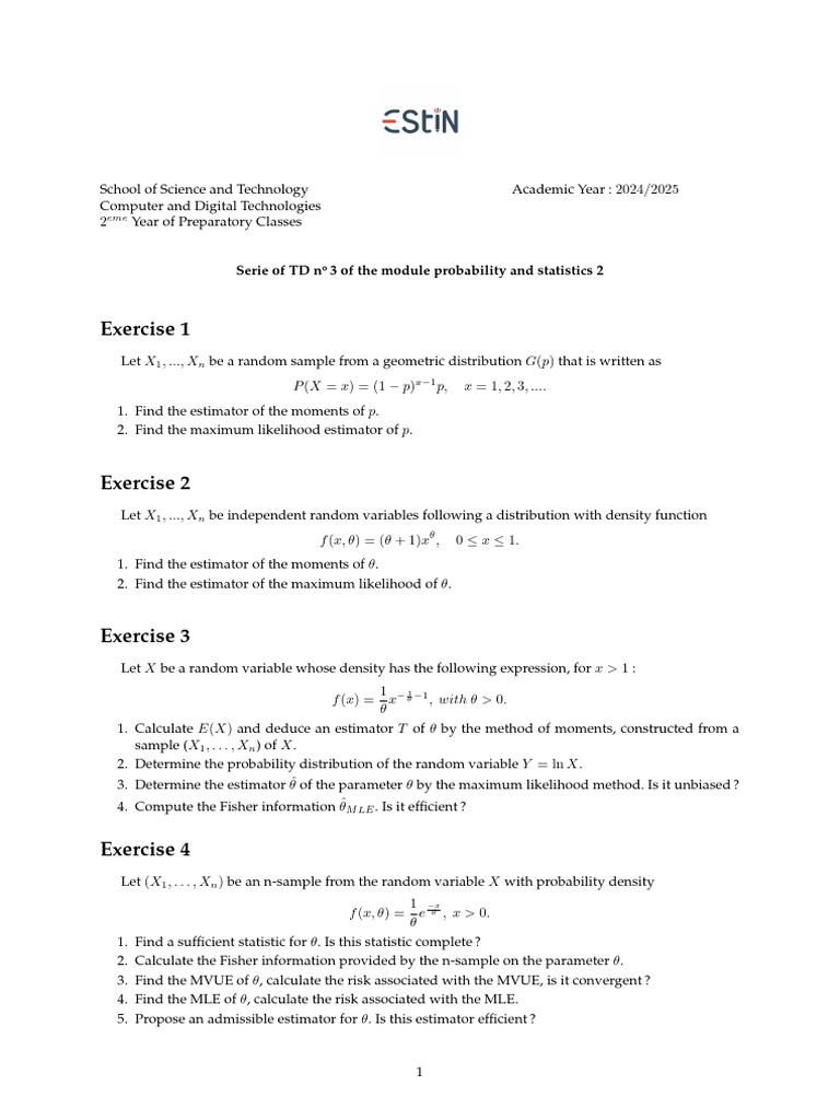 Probability and Statistics Exercises 2024 | PDF | Estimator ...