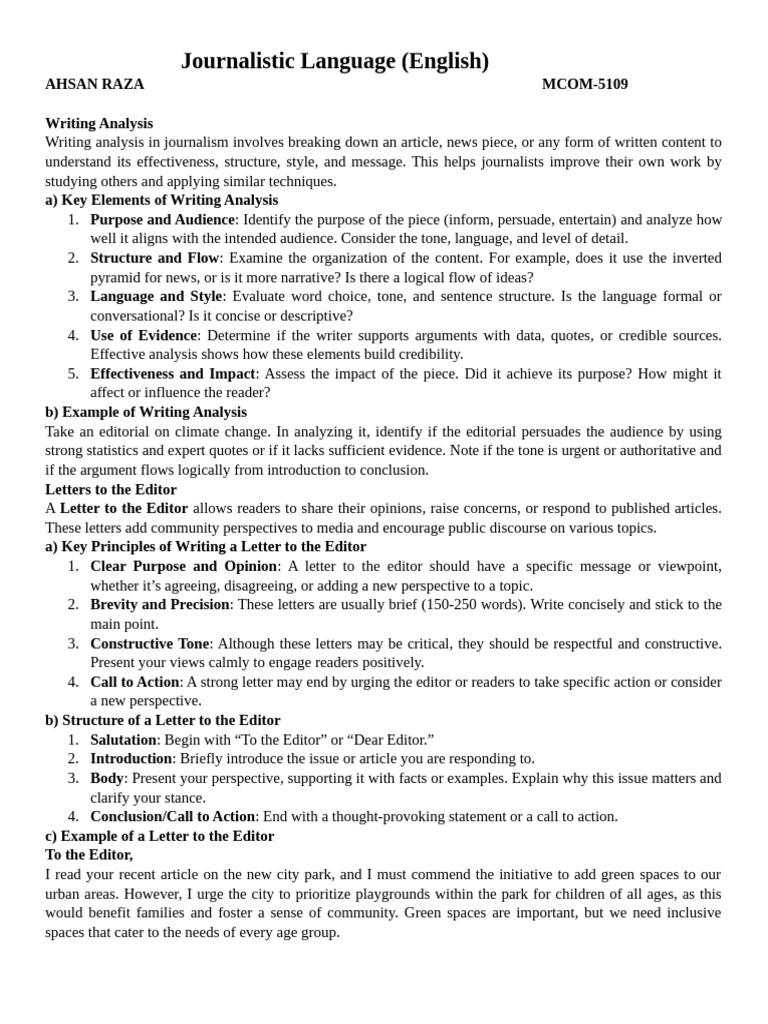 13 - Writing Analysis, Letters To Editors, Press Releases and Reviews ...