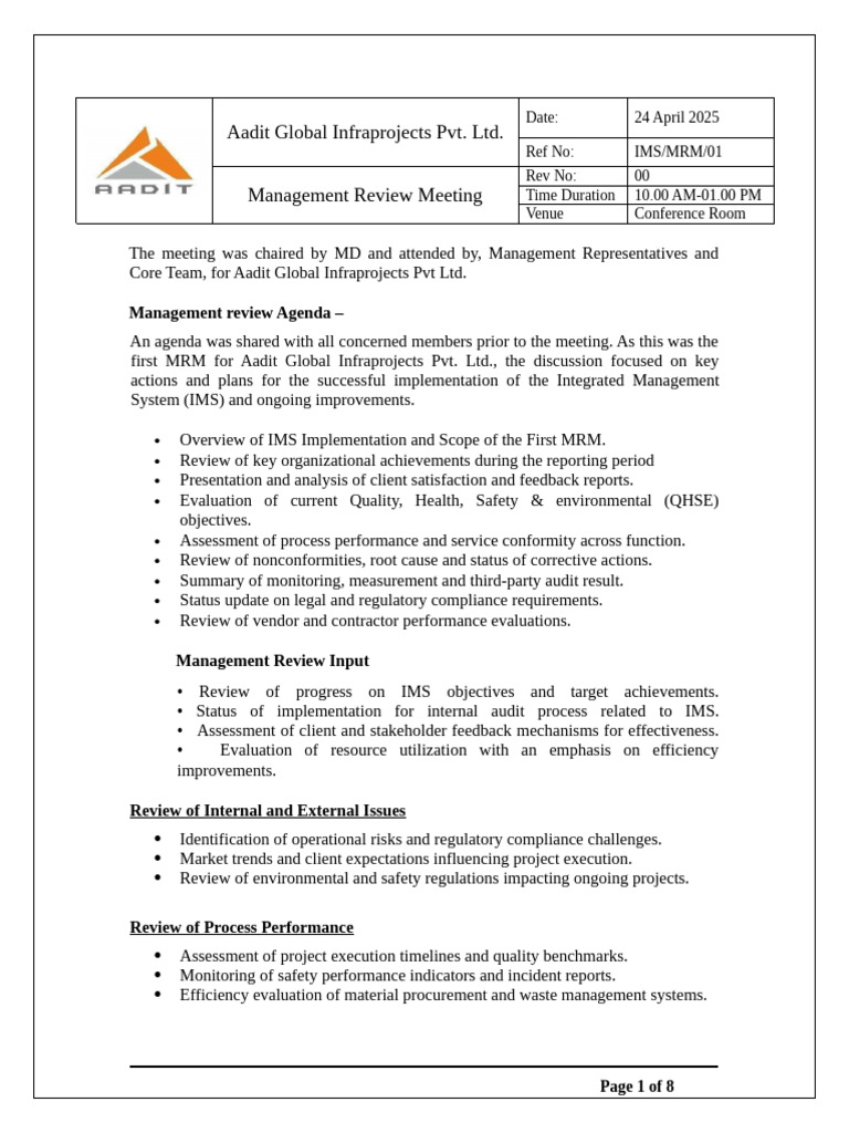 Management Review Meeting Summary | PDF | Internal Audit | Audit