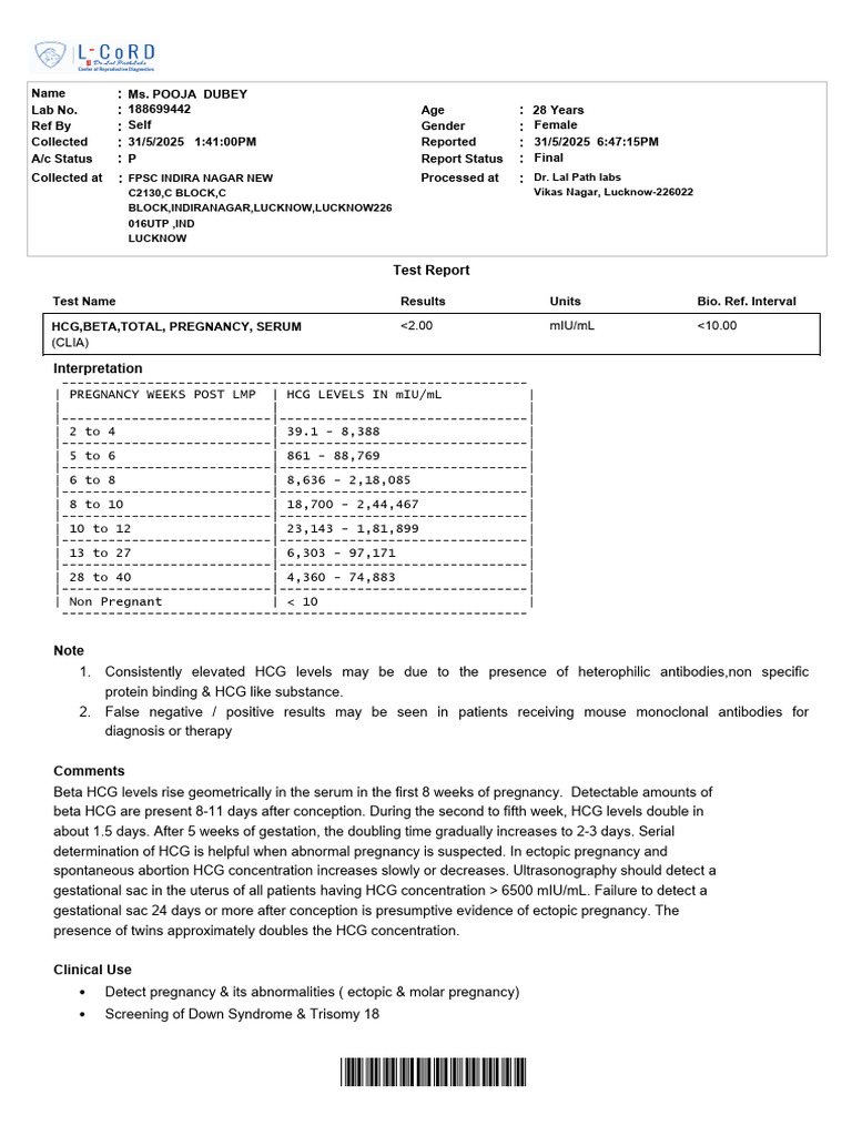 HCG Level Report for Pregnancy Testing | PDF | Pathology | Human ...