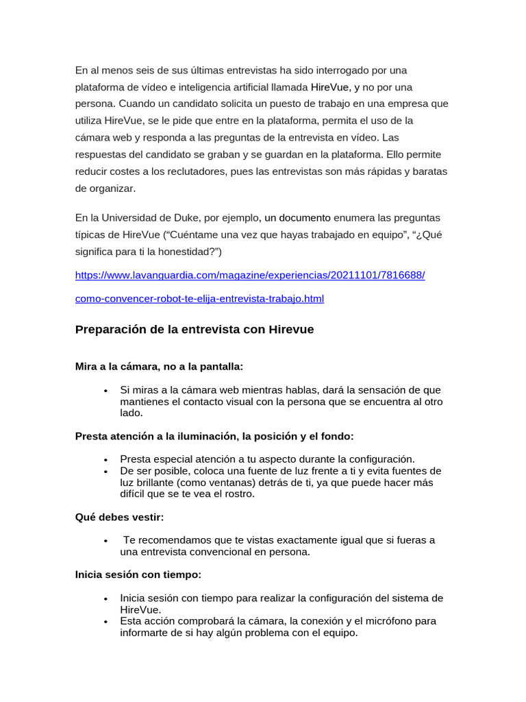 Guía para entrevistas con HireVue | PDF