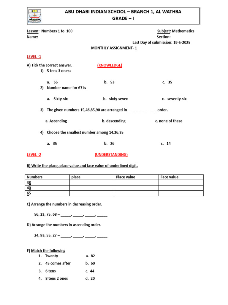 Grade 1 Monthly Maths Assignment 1 | PDF | Numbers | Mathematics
