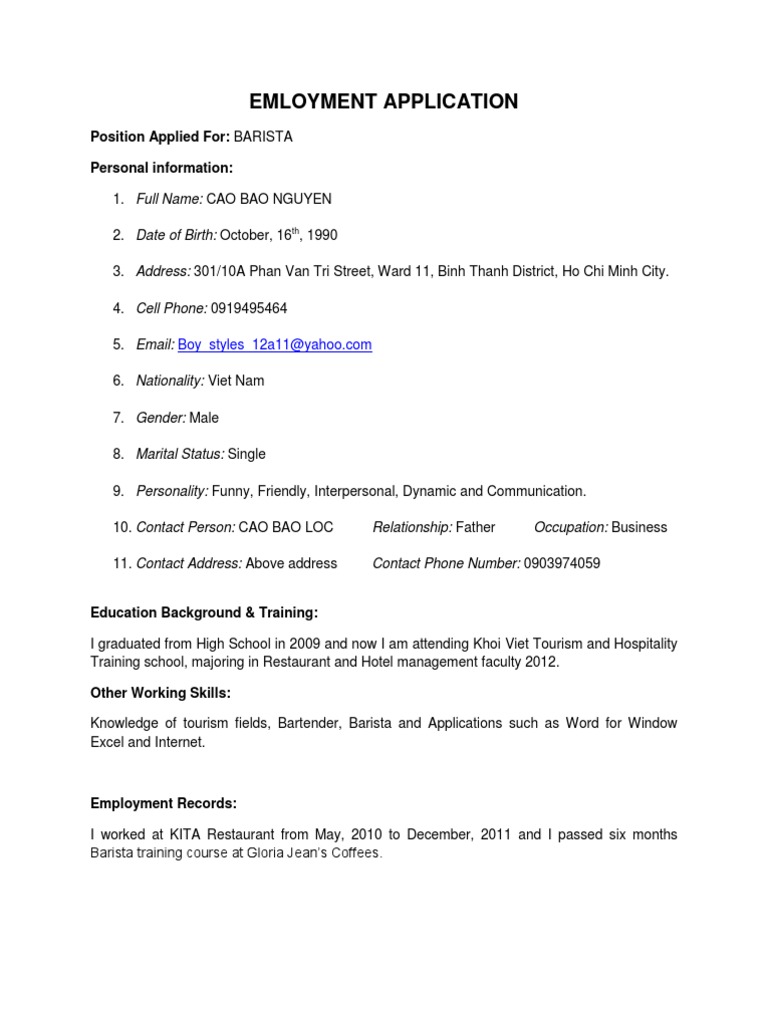 Barista Employment Application Form | PDF | Career & Growth | Social ...
