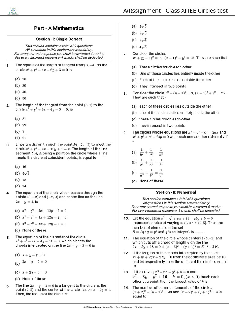 JEE Circles Test Assignment | PDF | Circle | Euclidean Plane Geometry