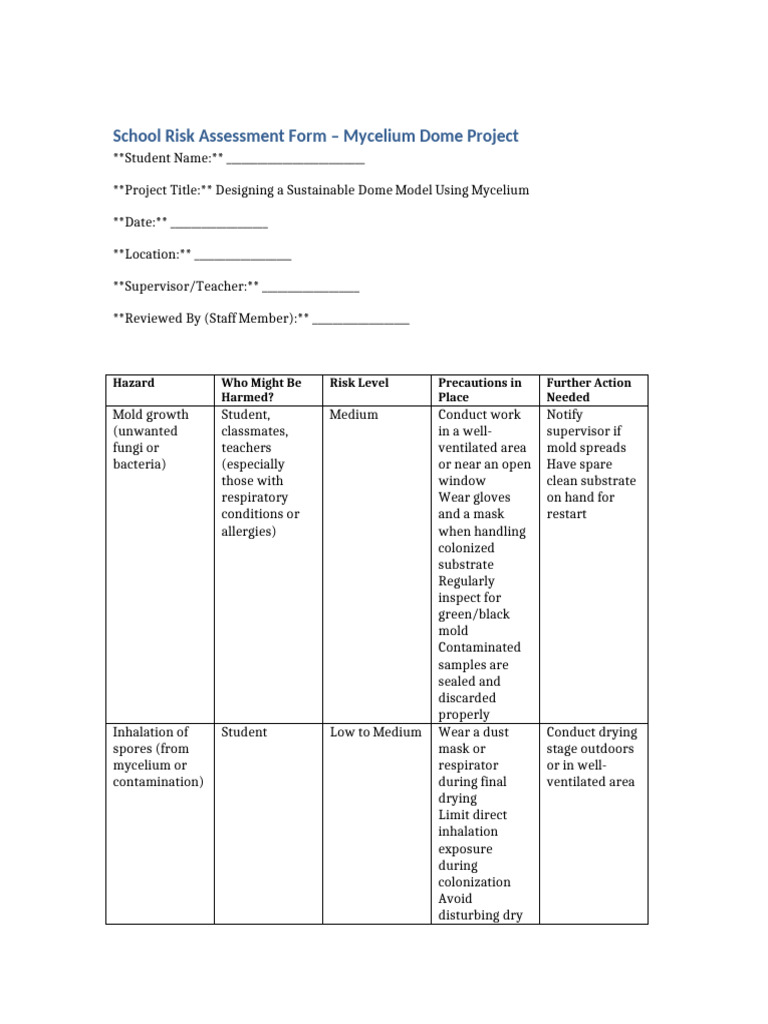 Mycelium Dome Project Risk Assessment | PDF | Mold | Occupational ...