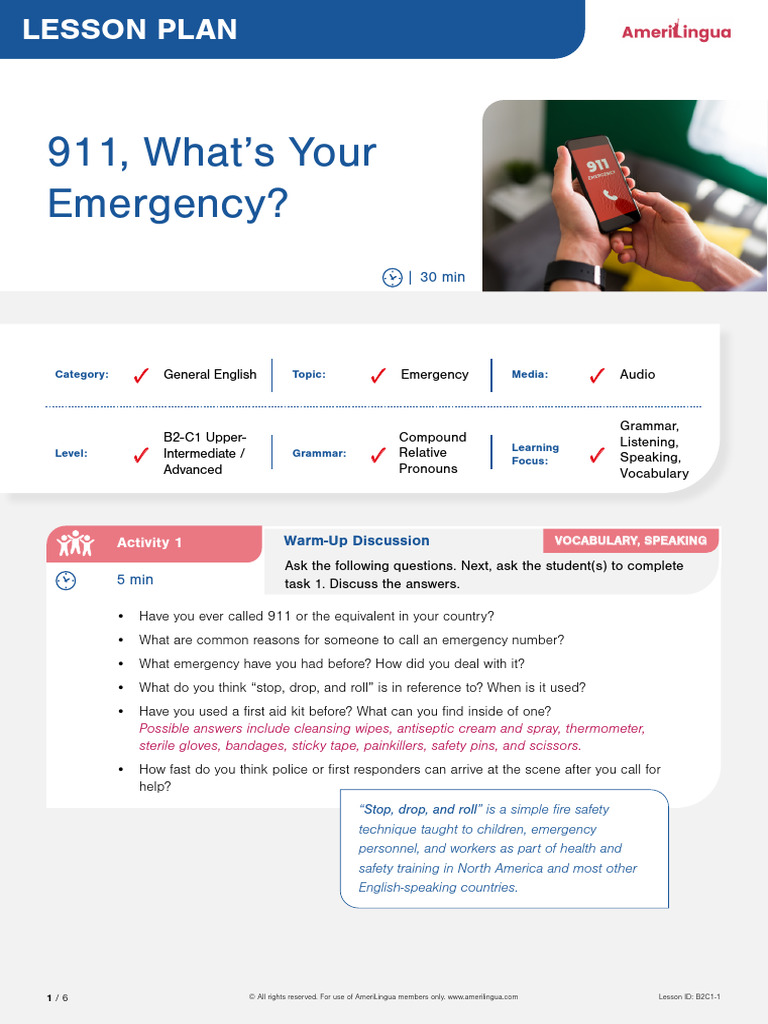 Emergency Call Lesson Plan B2-C1 | PDF | Sentence (Linguistics ...