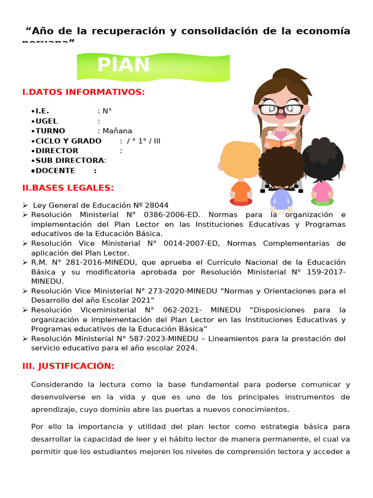 Plan Lector para Primer Grado | PDF | Maestros | Salón de clases