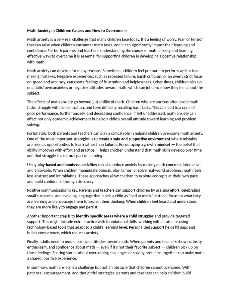 Math Anxiety in Children | PDF | Anxiety | Mathematics