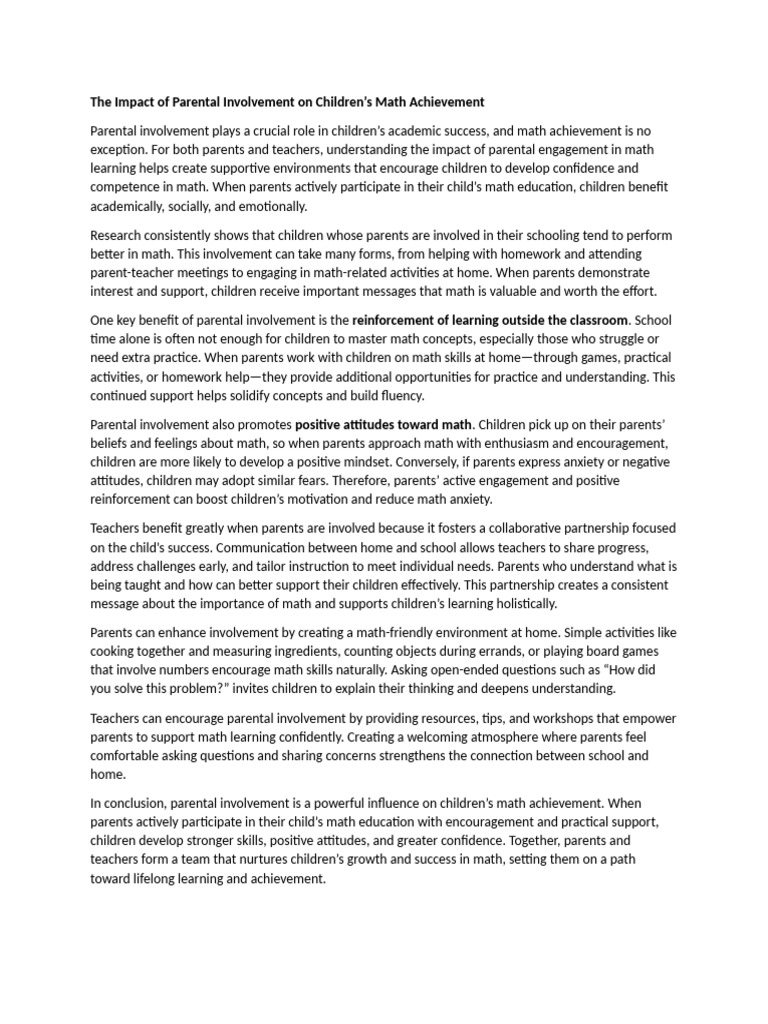 Parental Involvement in Math Success | PDF | Homework | Teachers