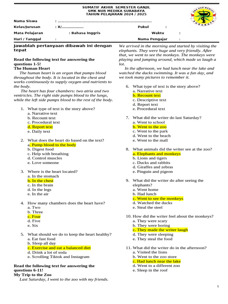 Final Exam English Semester 1 2024 | PDF | Heart | Linguistics