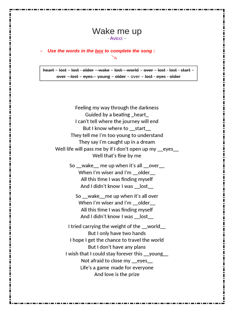 Avicii's "Wake Me Up" Lyrics Completion | PDF