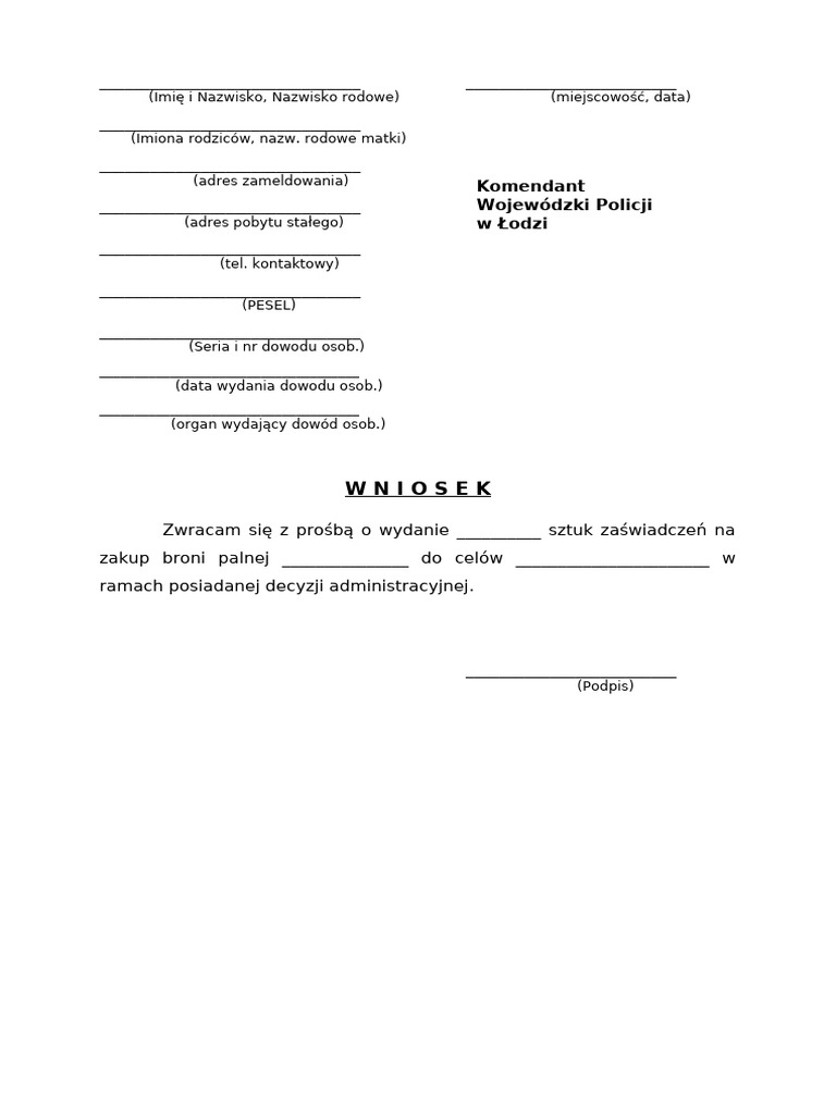 Wniosek O Wydawnie Zaswiadczenia Na Zakup Broni PDF