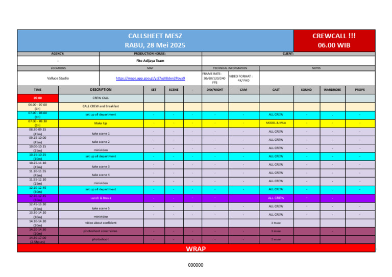 2025 Mesz Callsheet - Callsheet | PDF | Film And Video Technology | Video