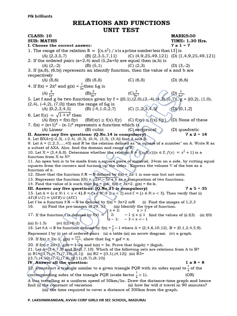 10th Maths Unit 1 Test Paper | PDF | Function (Mathematics ...
