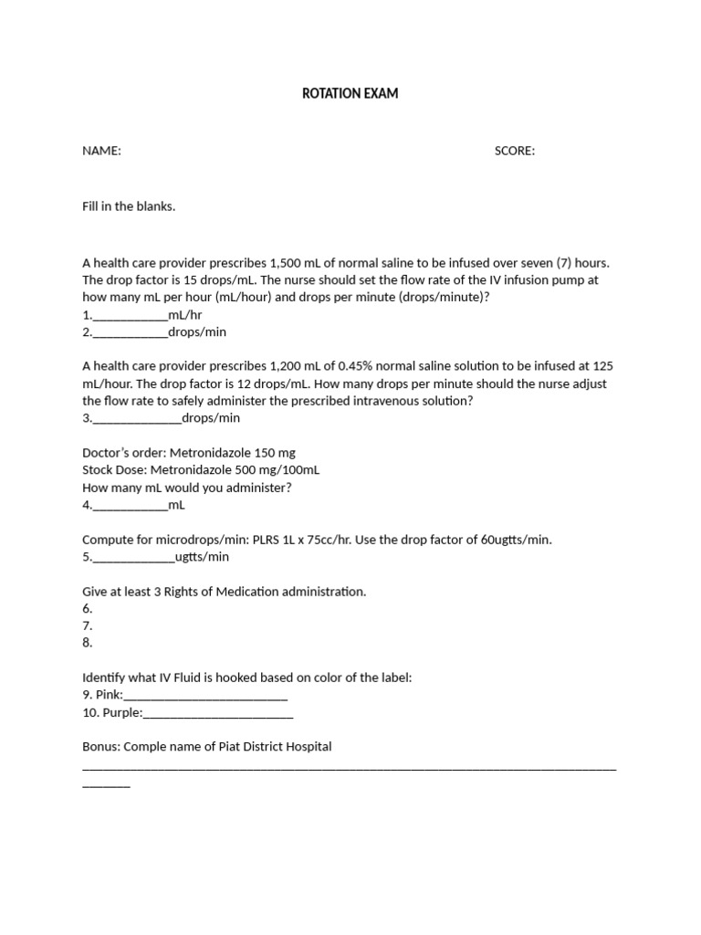 Rotational Exam: IV Calculations & Meds | PDF