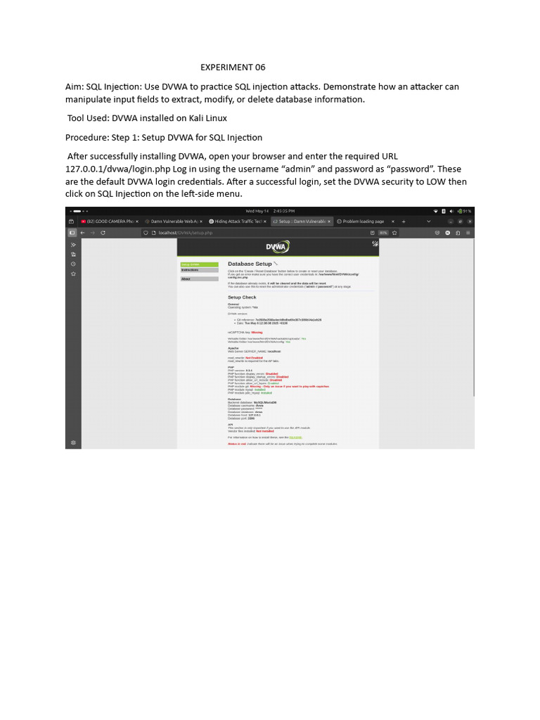 DVWA SQL Injection Setup Guide | PDF
