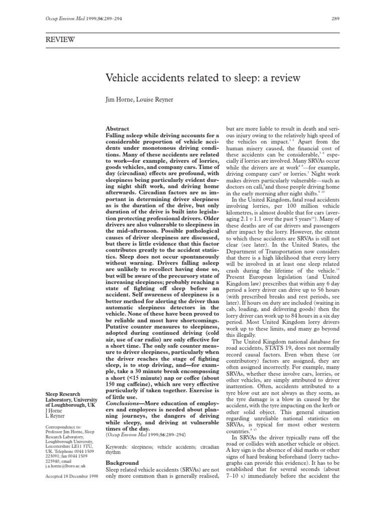 Horne and Reyner - 1999 - Vehicle Accidents Related To Sleep A Review ...