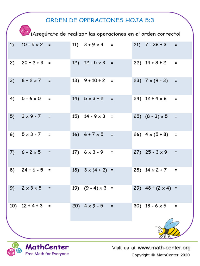 Order of Operations 5th 3 Questions | PDF