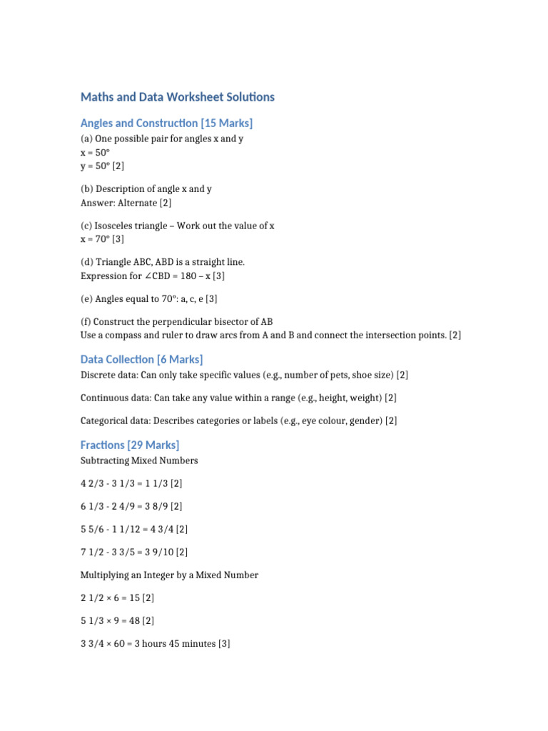 Maths and Data Worksheet Solutions | PDF