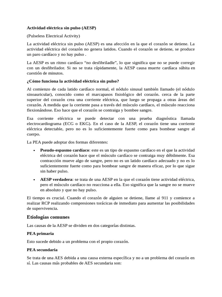 Actividad Eléctrica Sin Pulso (AESP) | PDF | Corazón | Paro cardíaco