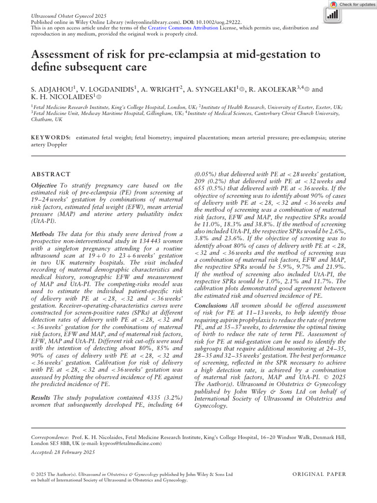 Ultrasound in Obstet Gyne - 2025 - Adjahou - Assessment of Risk For Pre ...
