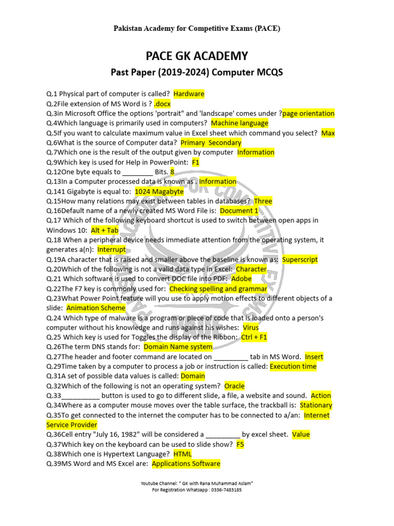 PACE Computer MCQs for Competitive Exams | PDF | Microsoft Word ...