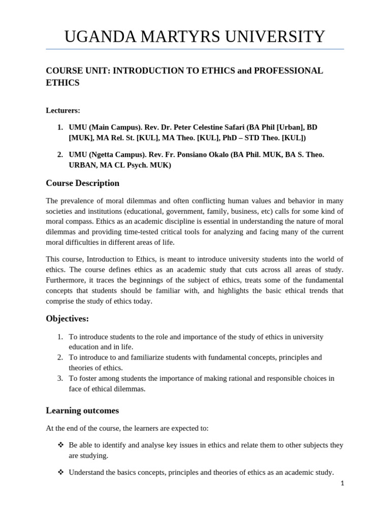 Introduction to Ethics Course Overview | PDF | Morality | Virtue Ethics