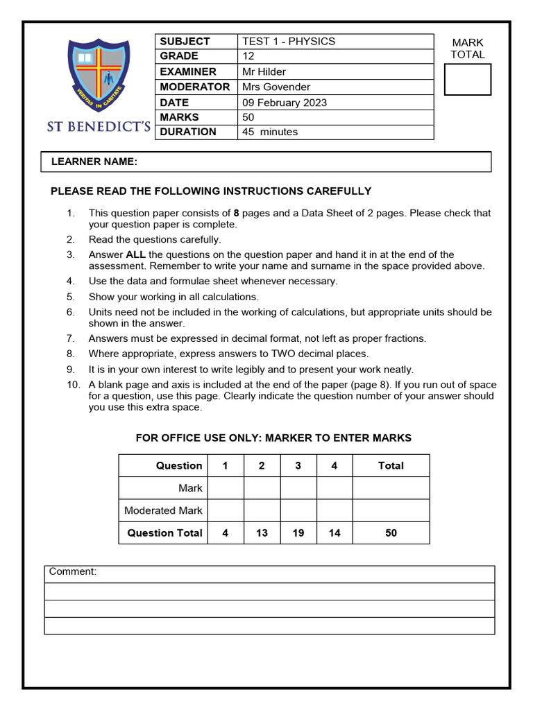 Grade 12 Physics Test Instructions | PDF | Collision | Force
