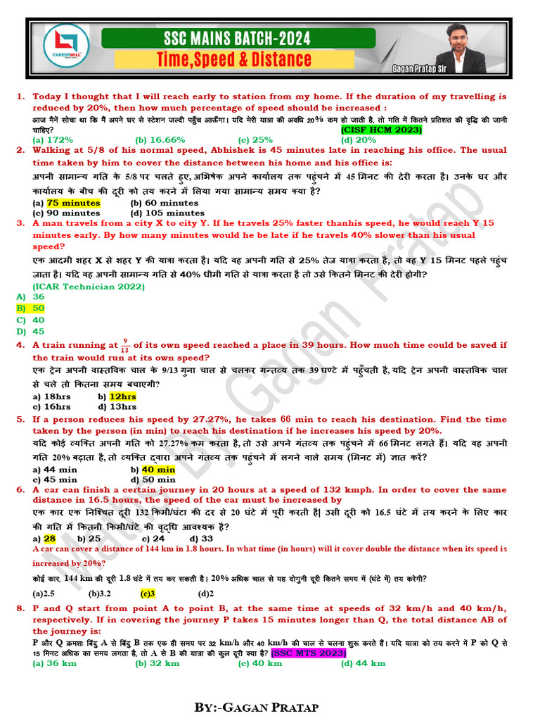 Time , Speed and Distance Sheet_455526_crwill | PDF