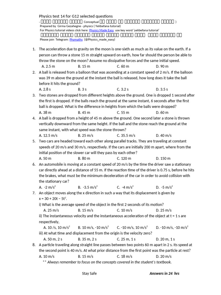 Physics Test 14 For G12 Selected Questions | PDF | Physical Phenomena ...